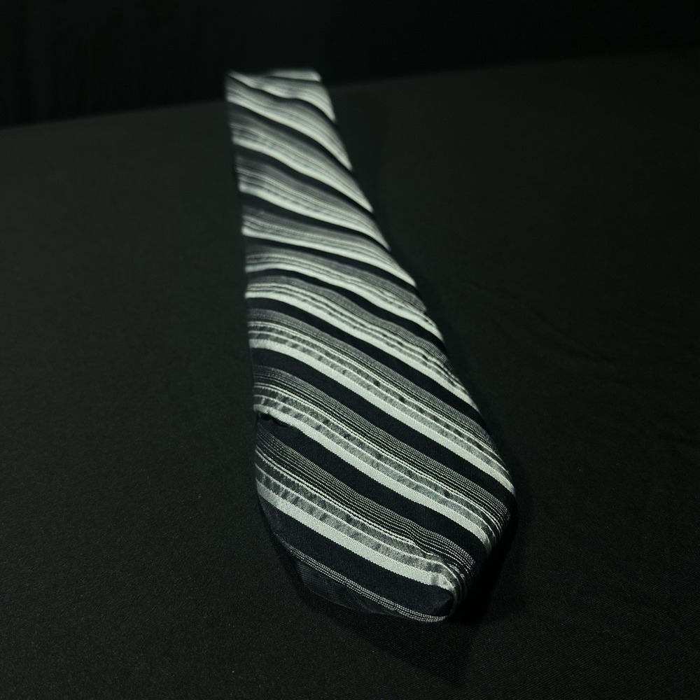 Vintage J. Ferrari 100% Silk‎ Black, Silver, White Striped Neck Tie